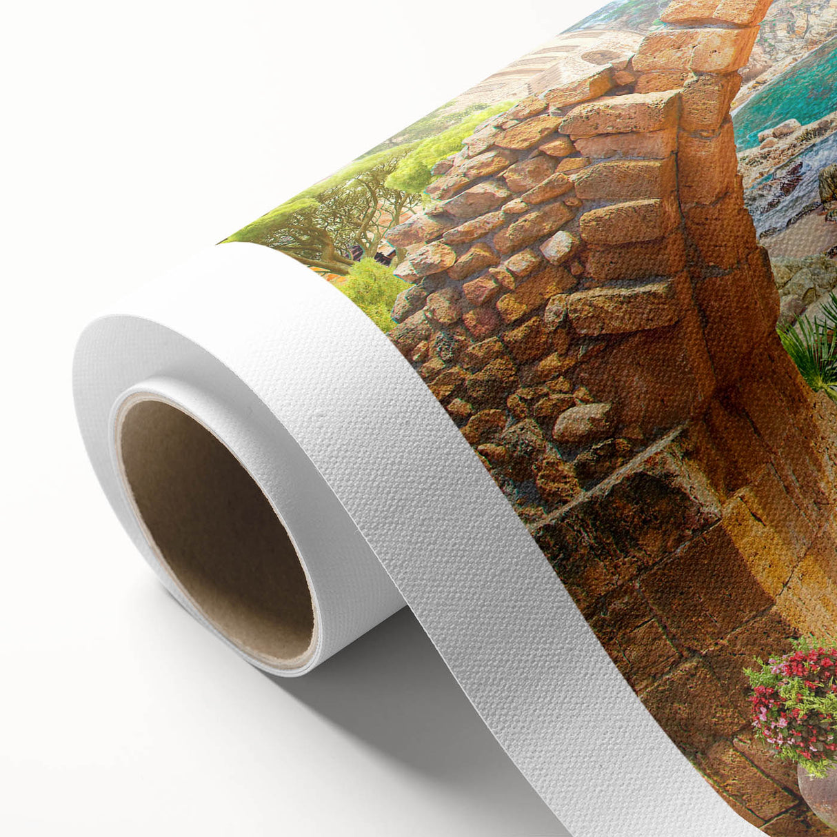 Rolled canvas showcasing a vibrant landscape street design in bold colors, perfect for modern home decor. Packaged securely for safe delivery and easy framing.