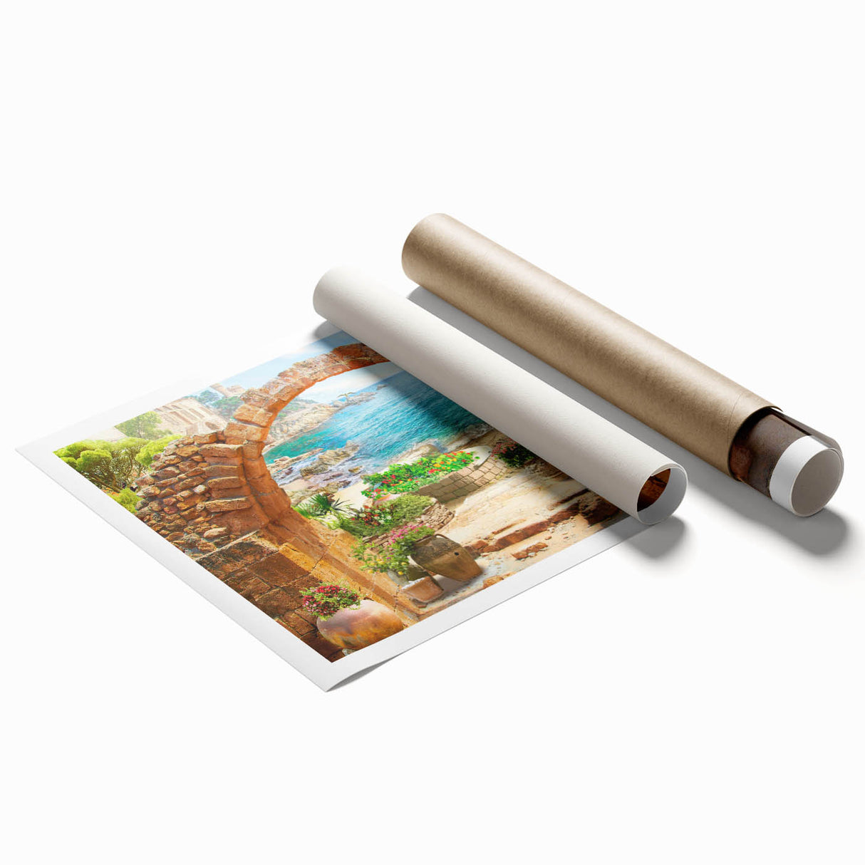 Rolled print of an abstract landscape featuring vibrant colors and dynamic shapes, ideal for modern home decor, packaged securely in a durable cardboard tube.