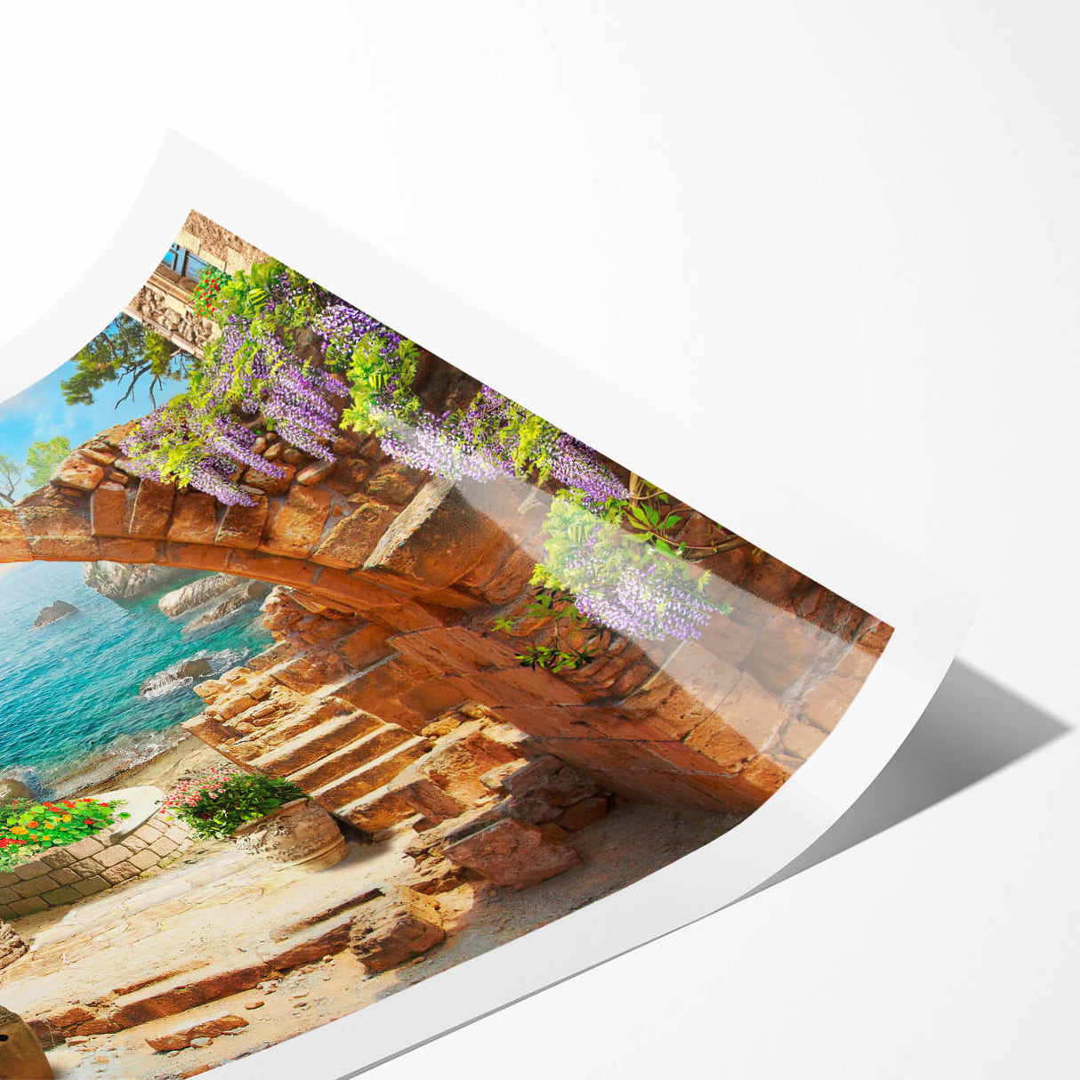 Rolled print showcasing a vibrant streetscape landscape design, featuring bold colors and intricate details, ideal for modern home decor or art collections.