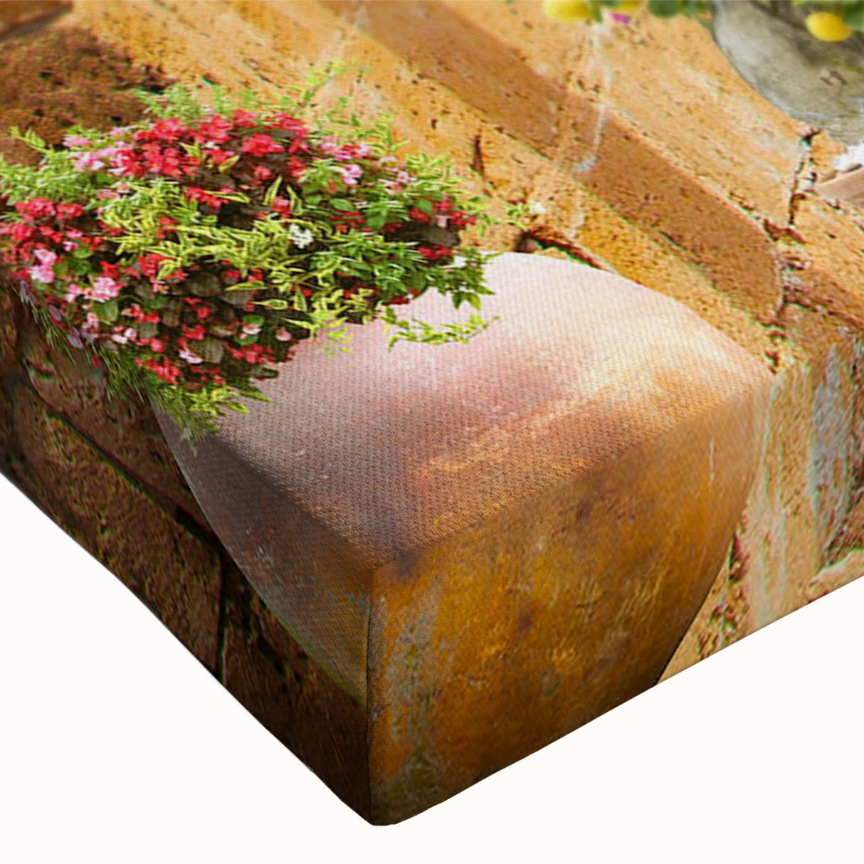 Close-up of a vibrant landscape street design stretched canvas artwork, showcasing rich colors and intricate details, ideal for modern home decor and art enthusiasts.