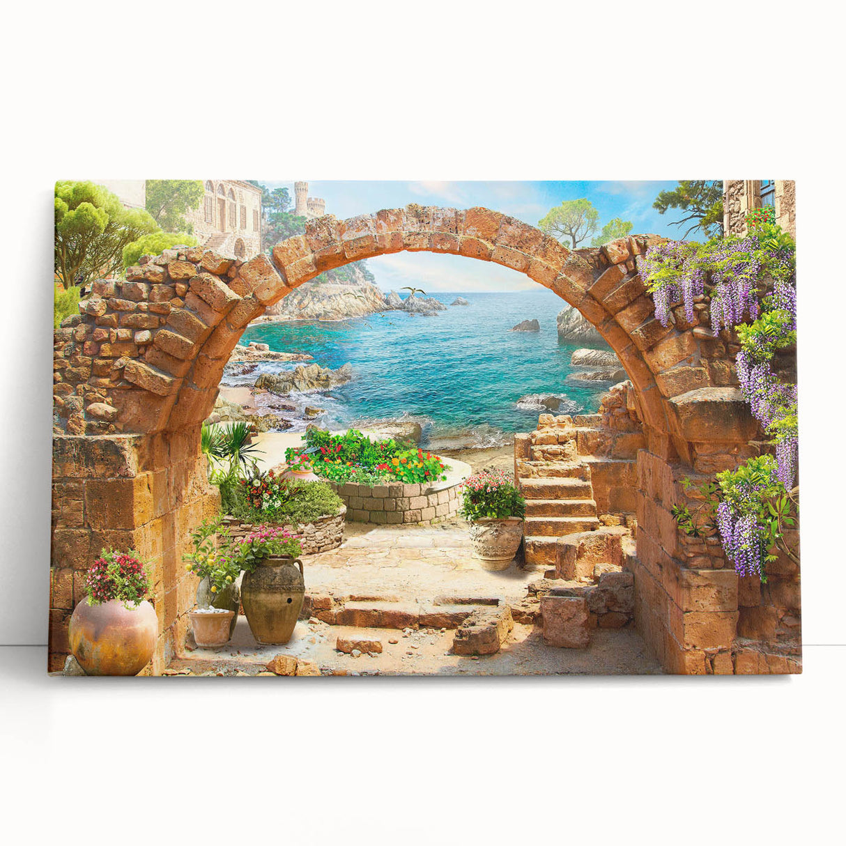 Stretched canvas wall art showcasing a vibrant cityscape design with rich colors and intricate details, perfect for modern home decor.