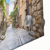 Close-up of a vibrant acrylic glass wall art piece depicting colorful street landscapes, showcasing intricate designs and vivid colors ideal for modern decor. Perfect for adding a contemporary artistic touch to any living space or office, enhancing aesthetic appeal.