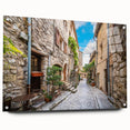 Acrylic glass wall art collection showcasing vibrant landscape and street designs, viewed from the side with decorative pins, perfect for modern home decor.