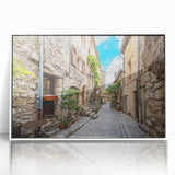 Framed acrylic wall art showcasing a vibrant street landscape design, featuring bold colors and intricate details, perfect for contemporary home decor.