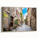 Framed canvas wall art featuring a modern landscape design with vibrant colors and gold accents, displayed in a chic interior setting, highlighting its elegance.