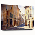 Acrylic glass wall art piece showcasing a vibrant cityscape design with intricate streets and landscapes, presented from a side view and secured with pins for display.