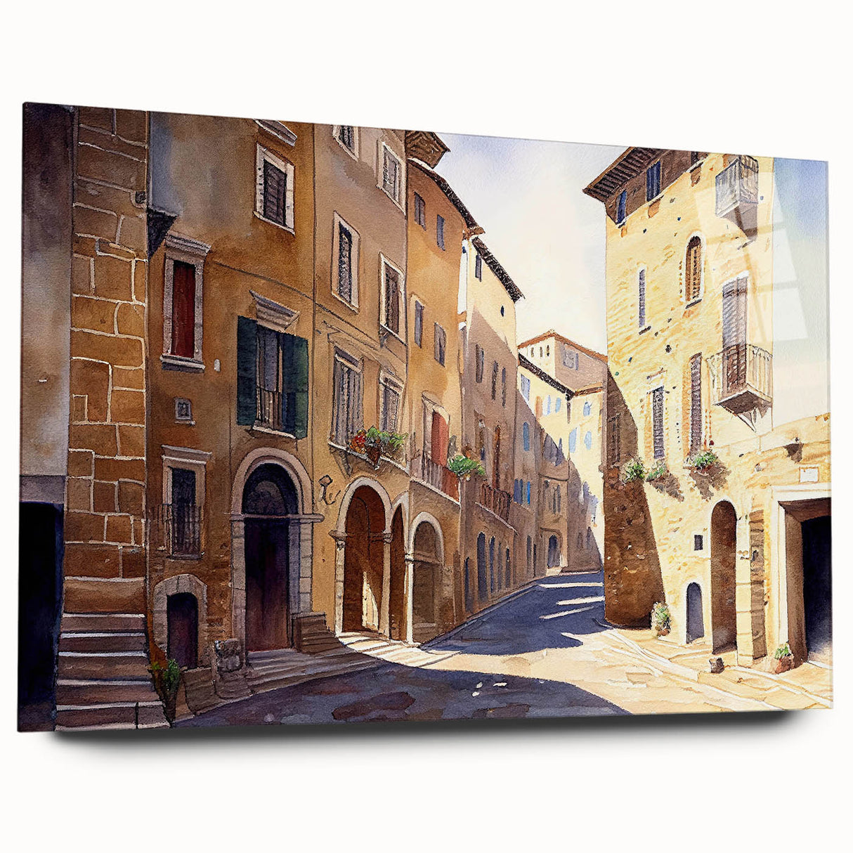 Acrylic wall art collection featuring a vibrant landscape design, showcasing colorful streets and abstract elements, displayed from a side view without pins, perfect for modern decor.