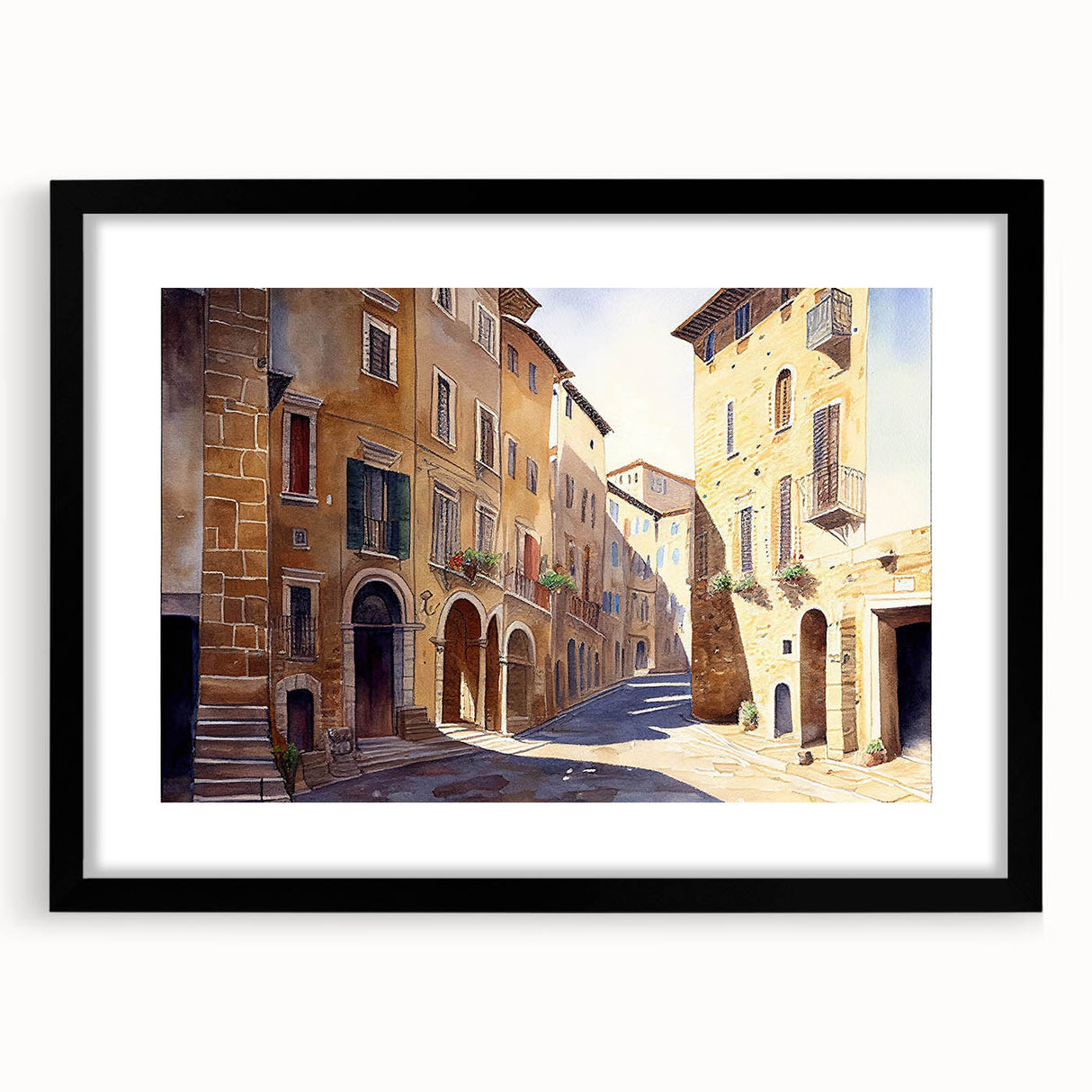 Framed wall art collection showcasing a stunning black mat and sleek frame design, featuring vibrant landscapes and street scenes, perfect for modern decor.