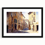Framed wall art collection showcasing a stunning black mat and sleek frame design, featuring vibrant landscapes and street scenes, perfect for modern decor.