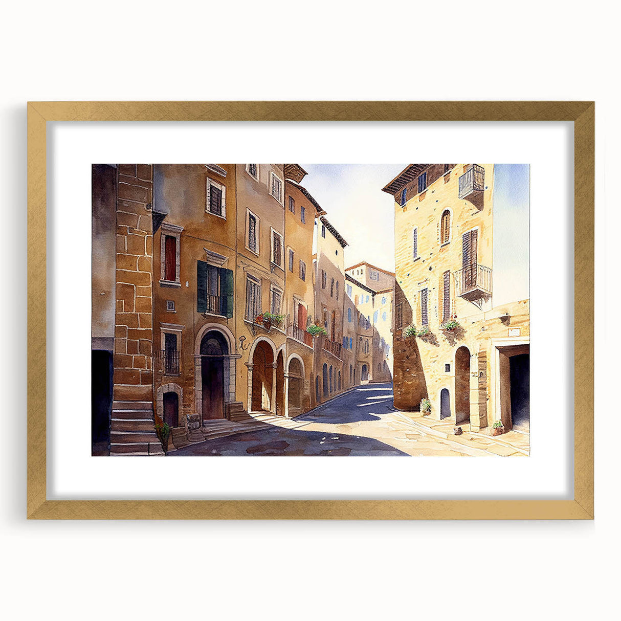 Elegant wall art collection featuring a gold-framed landscape design with a mat, showcasing vibrant colors and intricate details, perfect for home decor.