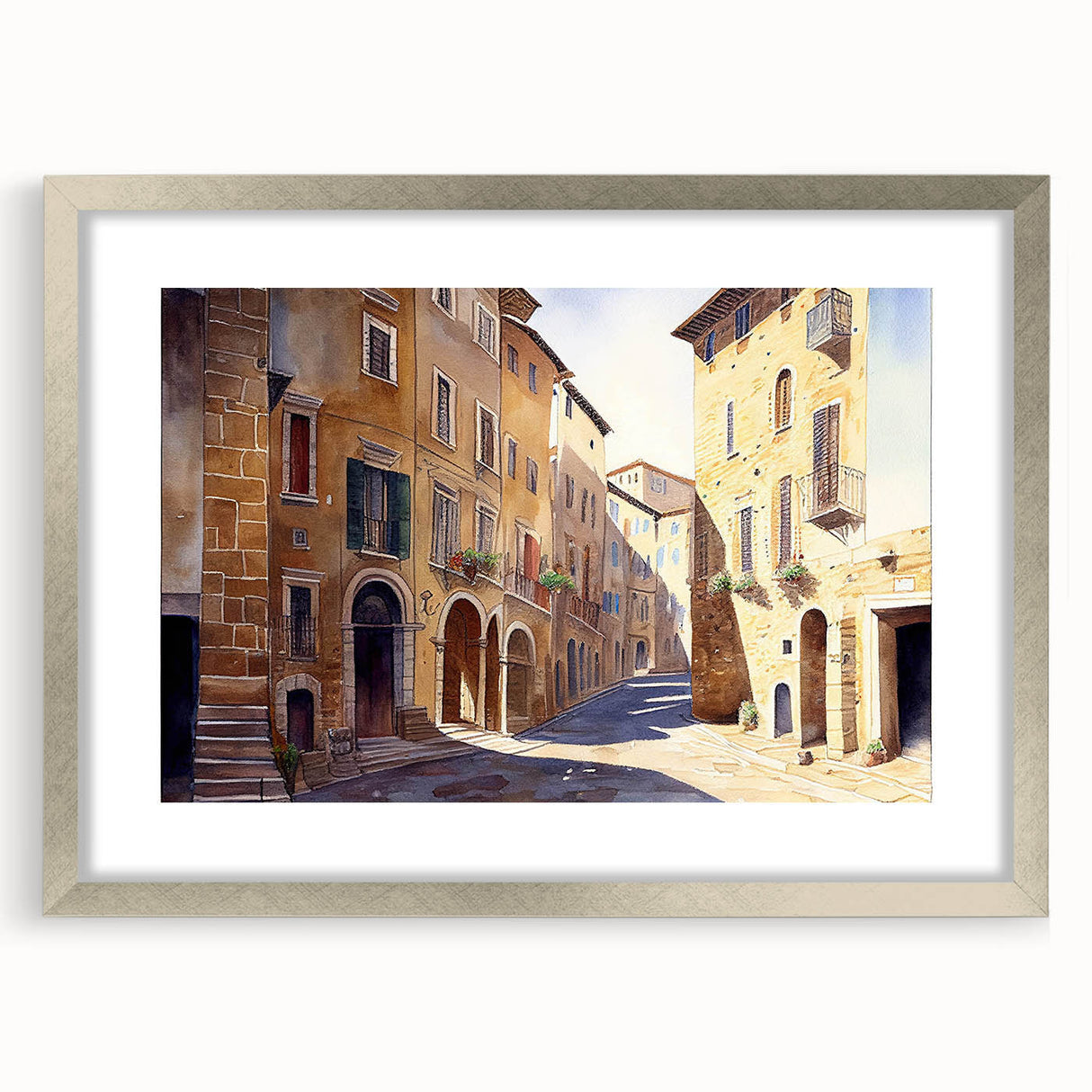 Framed wall art depicting a serene landscape scene, featuring vibrant colors and intricate details, set in a silver frame with a white mat, perfect for home decor.
