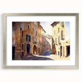 Framed wall art depicting a serene landscape scene, featuring vibrant colors and intricate details, set in a silver frame with a white mat, perfect for home decor.