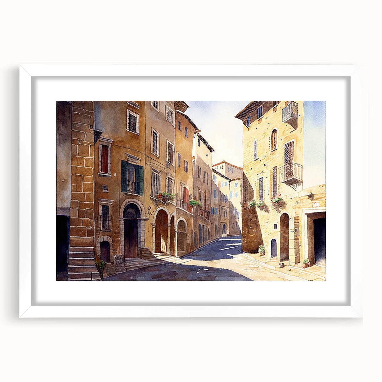 Framed wall art featuring a modern street landscape design in a white mat, showcasing vibrant colors and intricate details, perfect for home decor enhancement.
