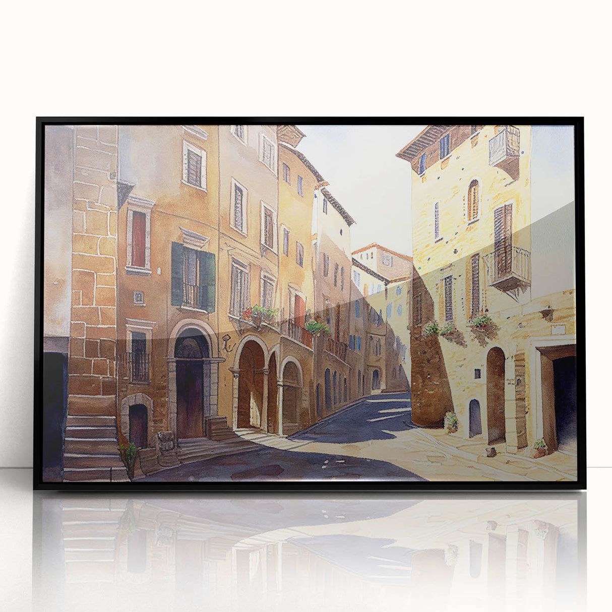 Framed black acrylic wall art featuring a vibrant landscape street design, ideal for modern home decor, showcasing vivid colors and intricate details.