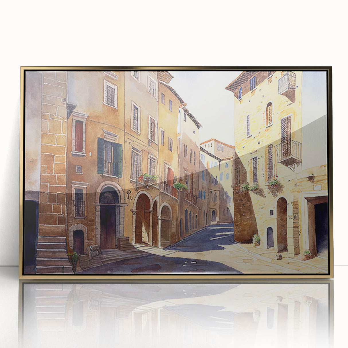 Framed acrylic wall art featuring a modern landscape design with gold accents, ideal for home decor. The piece showcases vibrant colors and intricate details, enhancing any interior space. Perfect for art enthusiasts looking to elevate their living environment.