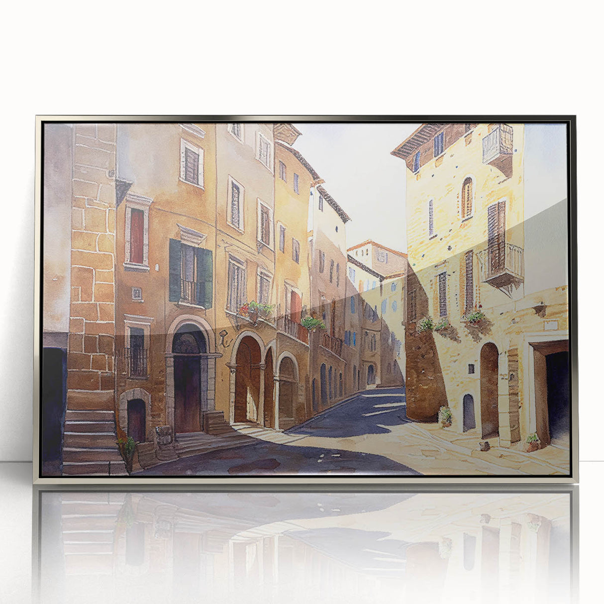 Framed acrylic wall art featuring a modern landscape design with vibrant colors, enhancing interior decor with a sleek silver frame. Ideal for contemporary spaces.