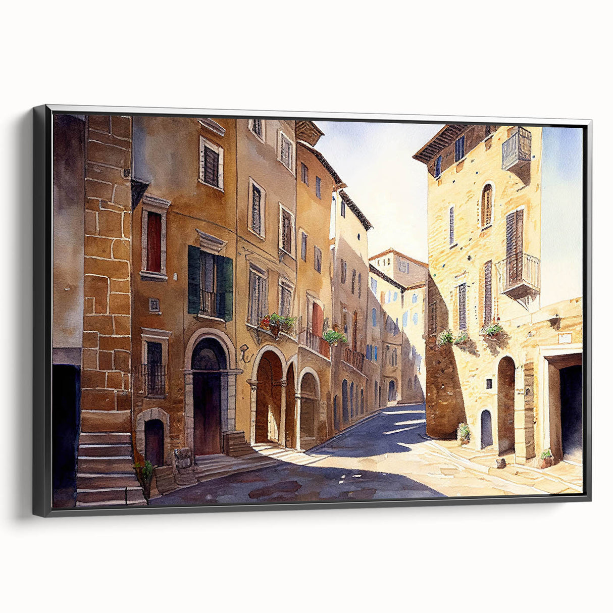 Framed canvas wall art showcasing a contemporary street landscape design, featuring vibrant colors and intricate details, viewed from the side against a neutral background. Ideal for modern home decor.
