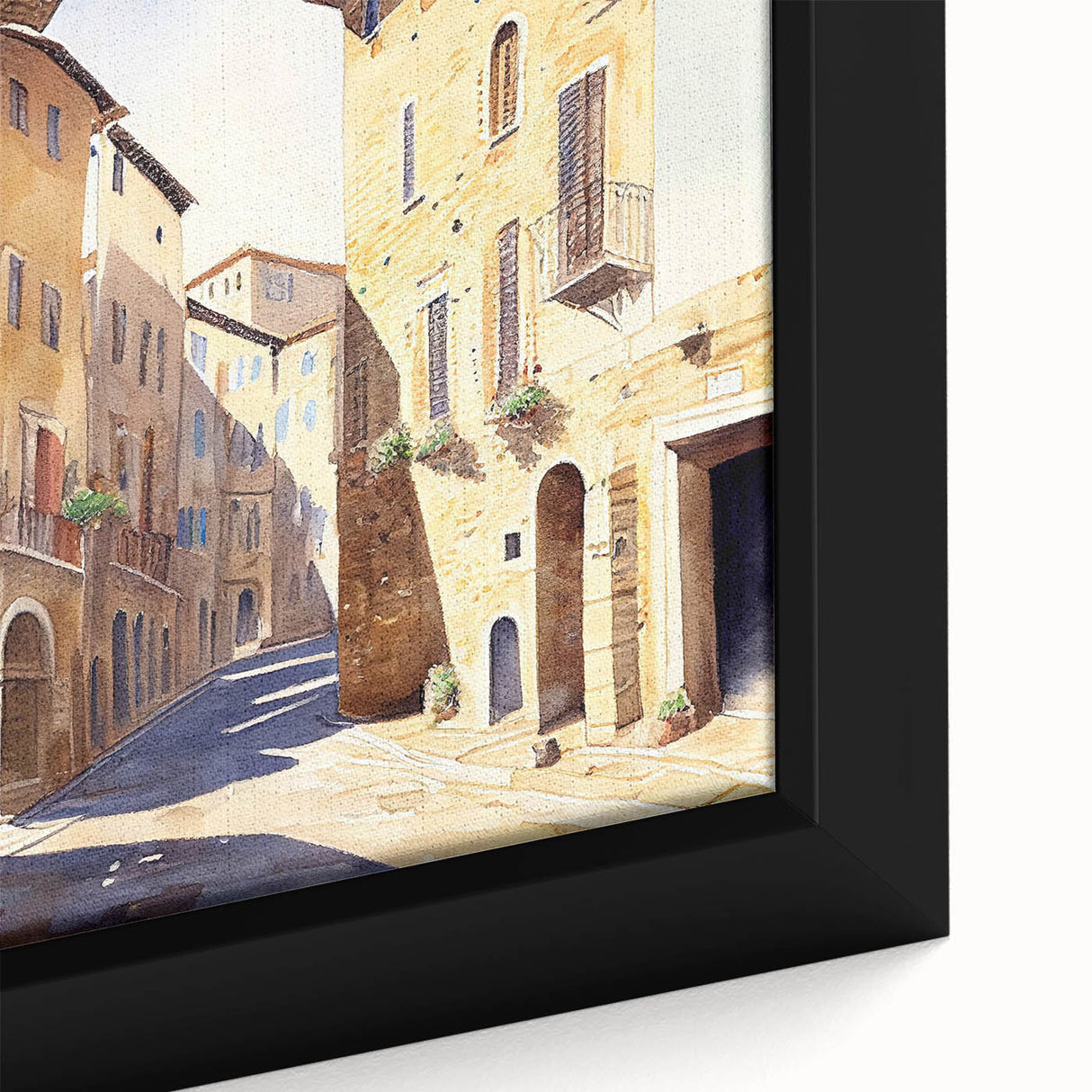 Close-up of a framed canvas artwork showcasing a vibrant street landscape design, featuring intricate details and rich colors, perfect for modern home decor.