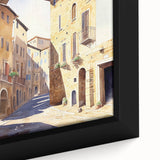 Close-up of a framed canvas artwork showcasing a vibrant street landscape design, featuring intricate details and rich colors, perfect for modern home decor.