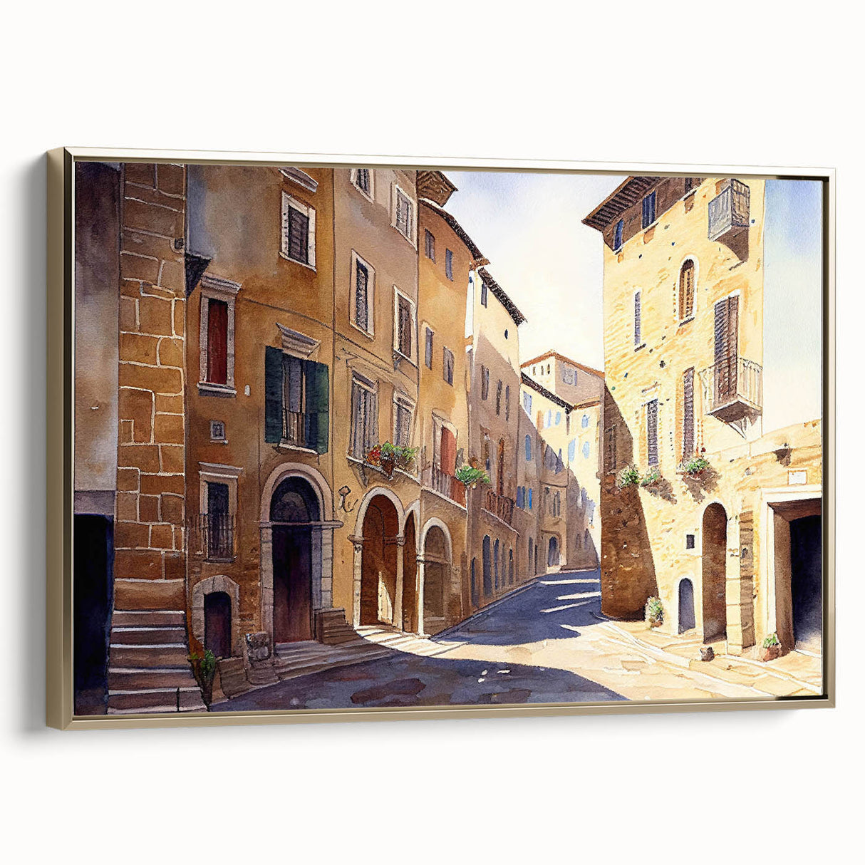 Framed canvas wall art showcasing a contemporary landscape design, featuring vibrant colors and gold accents, perfect for modern home decor. Ideal for adding elegance to living spaces.