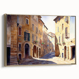 Framed canvas wall art showcasing a contemporary landscape design, featuring vibrant colors and gold accents, perfect for modern home decor. Ideal for adding elegance to living spaces.