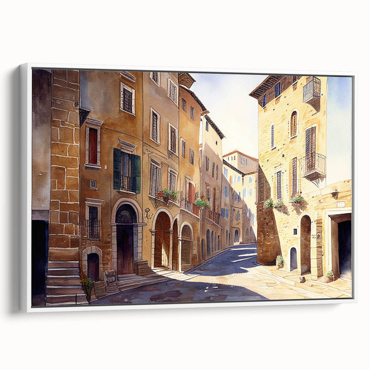 Framed canvas wall art featuring a vibrant landscape design with colorful streets, displayed at a slight angle to showcase its depth and texture, perfect for home decor.