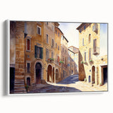 Framed canvas wall art featuring a vibrant landscape design with colorful streets, displayed at a slight angle to showcase its depth and texture, perfect for home decor.