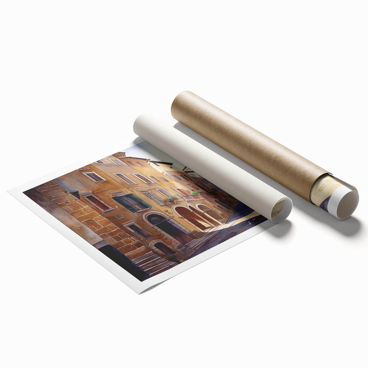 Rolled print of a vibrant cityscape wall art design showcasing colorful streets and architectural details, perfect for modern home decor and interior design.