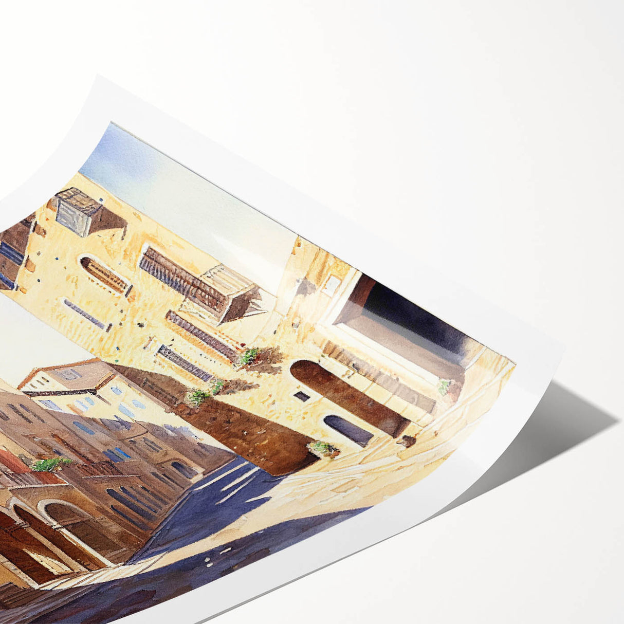 Rolled print of a vibrant landscape street design showcasing colorful buildings and lively urban elements, perfect for modern home decor or gallery displays.