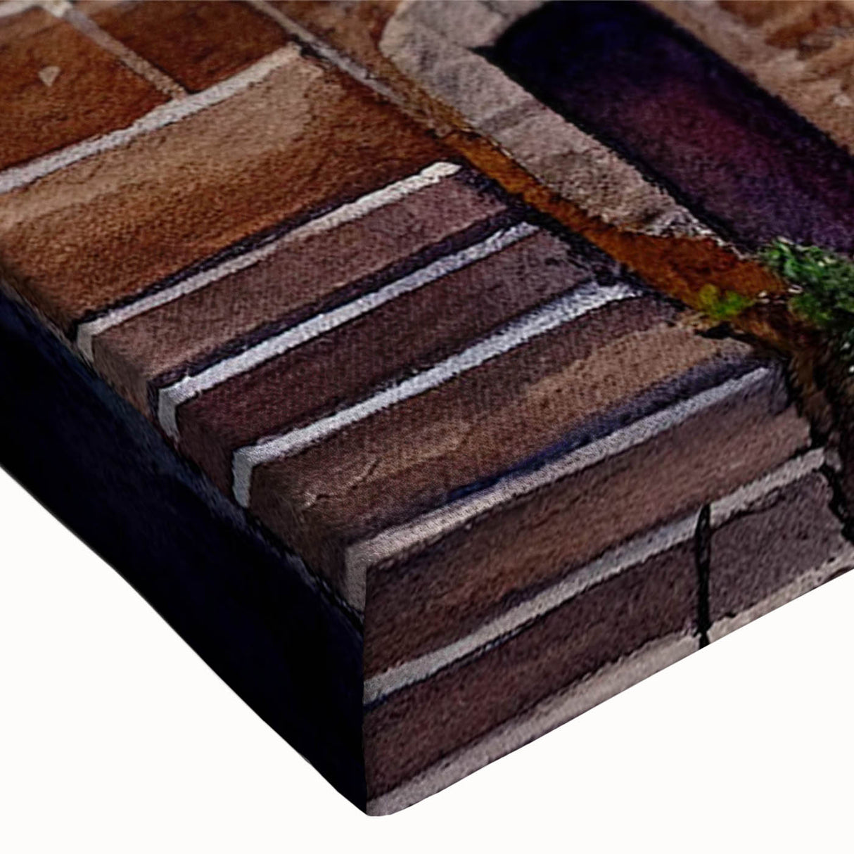 Close-up of a stretched canvas showcasing a vibrant landscape street design with intricate details, perfect for modern home decor and wall art collection.