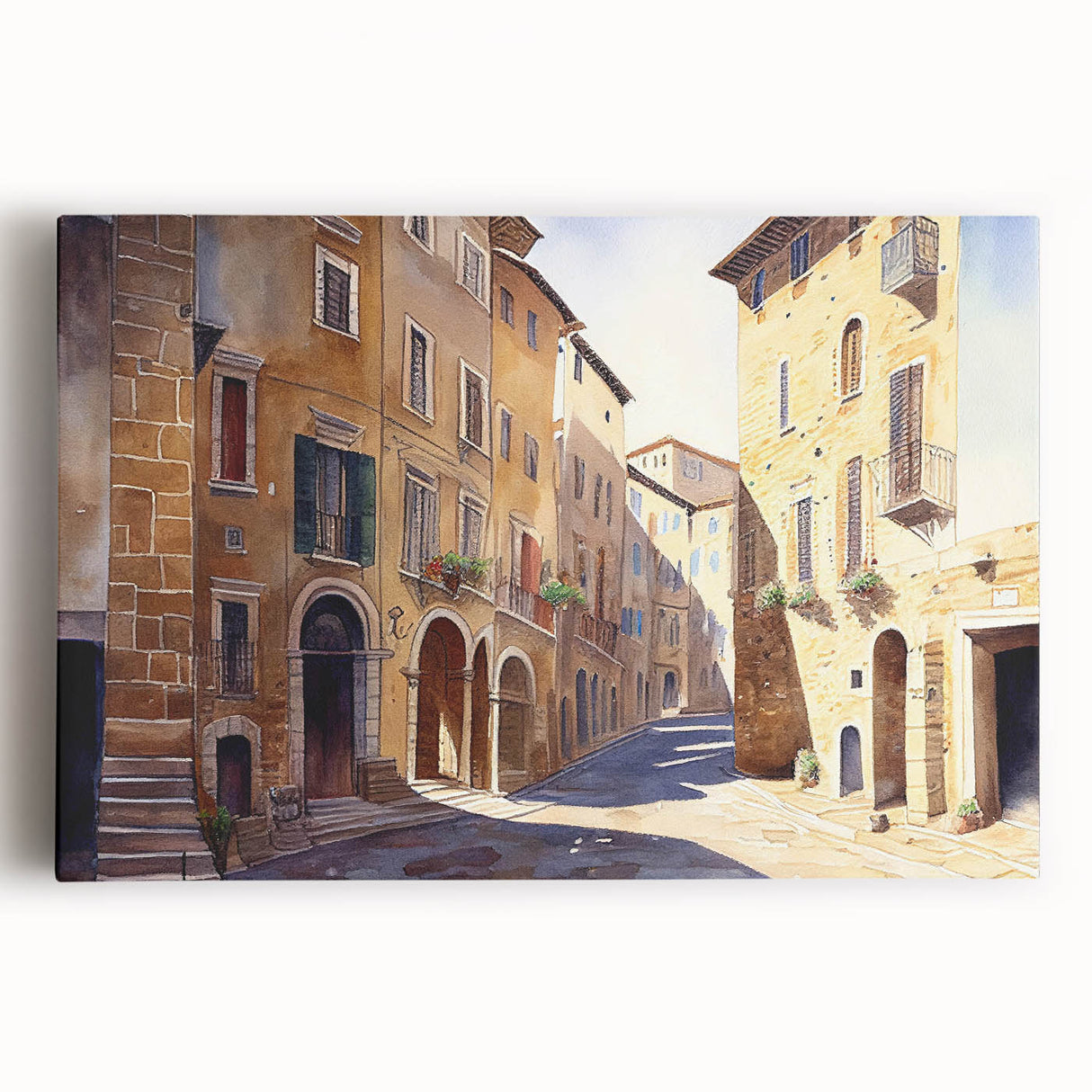 Stretched canvas art showcasing a vibrant landscape scene with colorful streets and unique designs, perfect for home decor or artistic display.