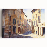Stretched canvas art showcasing a vibrant landscape scene with colorful streets and unique designs, perfect for home decor or artistic display.