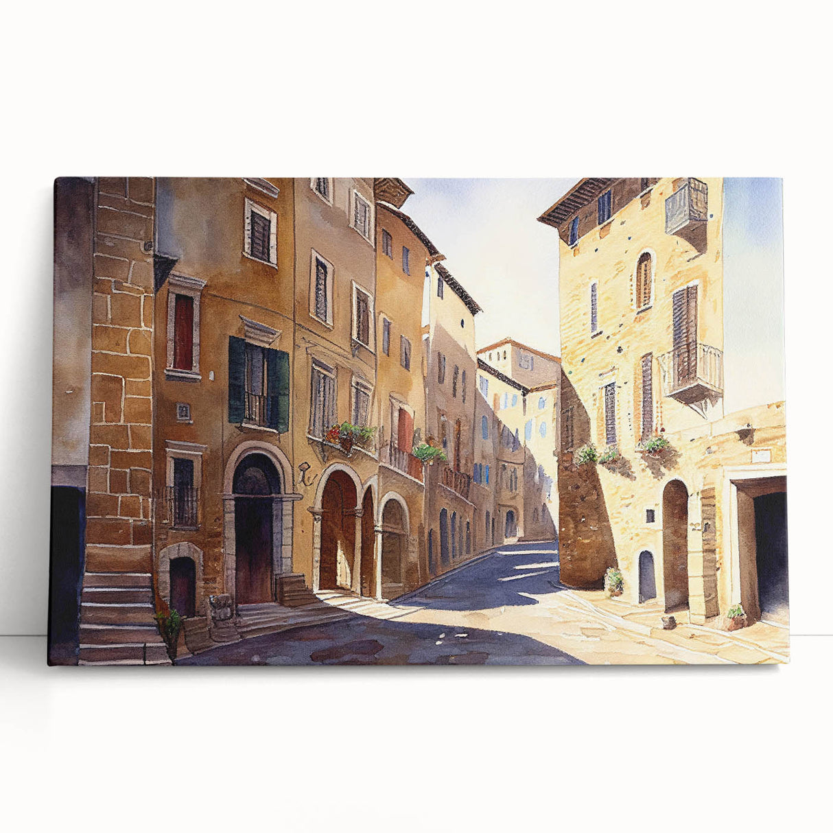 Stretched canvas wall art showcasing a vibrant urban landscape design, featuring colorful buildings and a dynamic street scene, perfect for modern home decor.