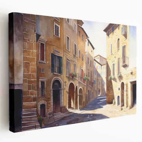 Stretched canvas wall art showcasing a vibrant urban landscape with intricate street designs, ideal for modern home decor, displayed in a side view.