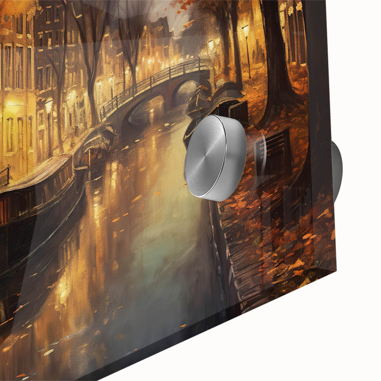 A close-up view of a modern acrylic glass wall art piece showcasing vibrant landscapes and street designs, ideal for contemporary home decor. The artwork features rich colors and intricate details, making it a striking addition to any living space. Perfect for art enthusiasts looking to enhance their interior aesthetics.
