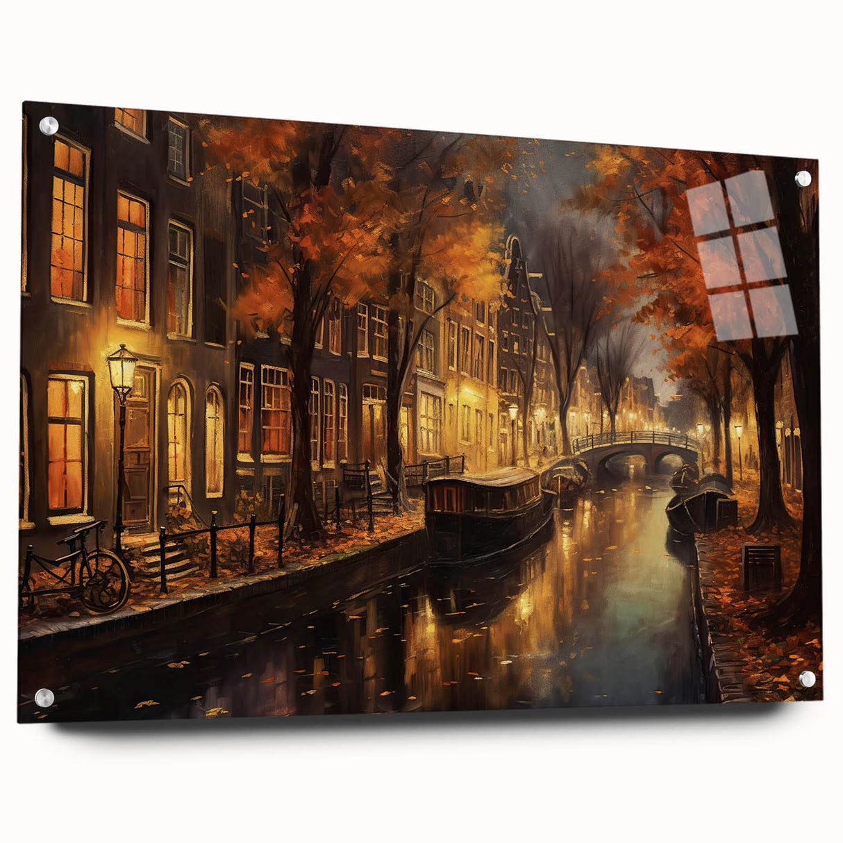 Acrylic wall art piece showcasing a vibrant street landscape design, displayed from a side view with decorative pins, ideal for modern home decor. The artwork features vivid colors and intricate details, perfect for enhancing any interior space.