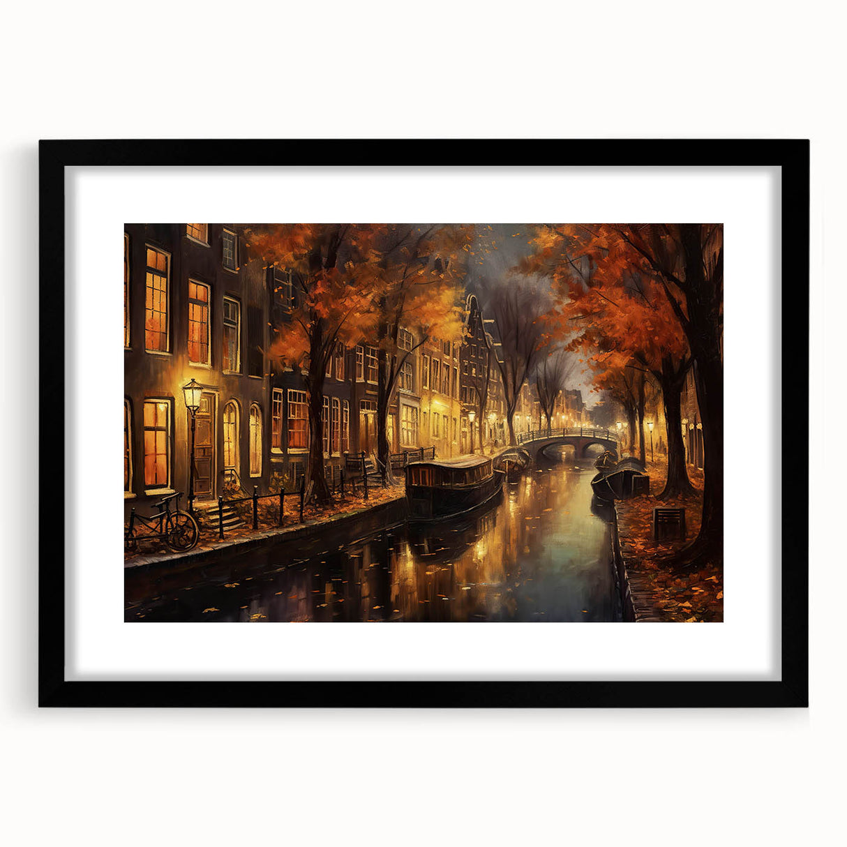 Stylish black frame showcasing a modern landscape street design wall art print with a white mat, perfect for enhancing home decor aesthetics.