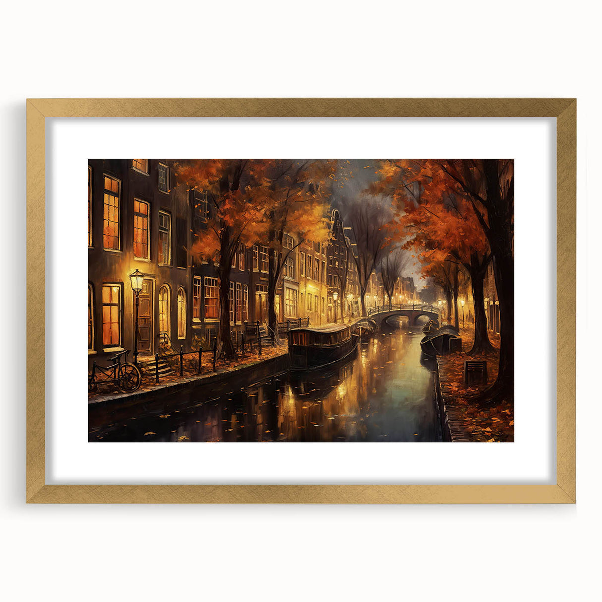 Framed wall art collection featuring a landscape street design with a gold mat, showcasing vibrant colors and intricate details, ideal for modern home decor.