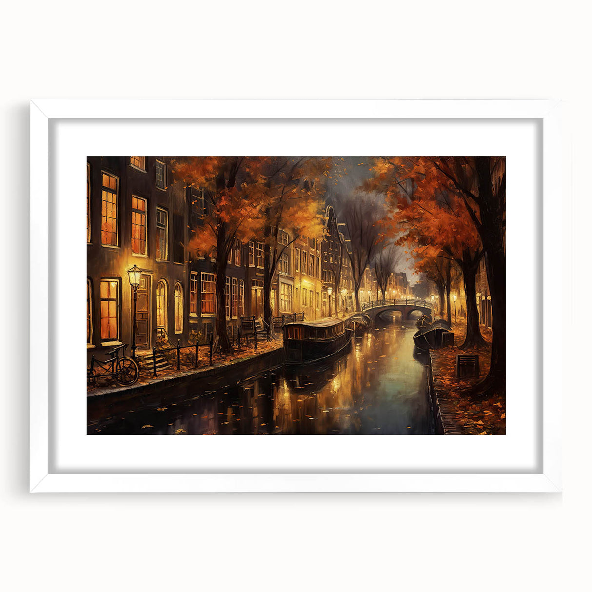 Framed wall art collection showcasing a vibrant street landscape design, featuring a white mat and elegant black frame, perfect for modern home decor.