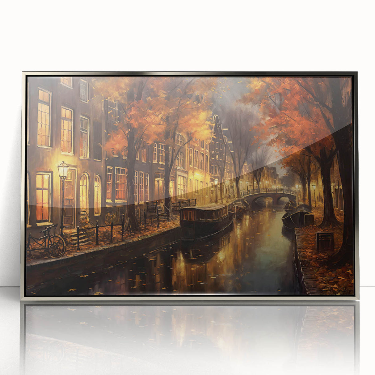 Framed acrylic wall art featuring a modern street landscape design in silver, showcasing vibrant colors and intricate details that enhance any interior decor.