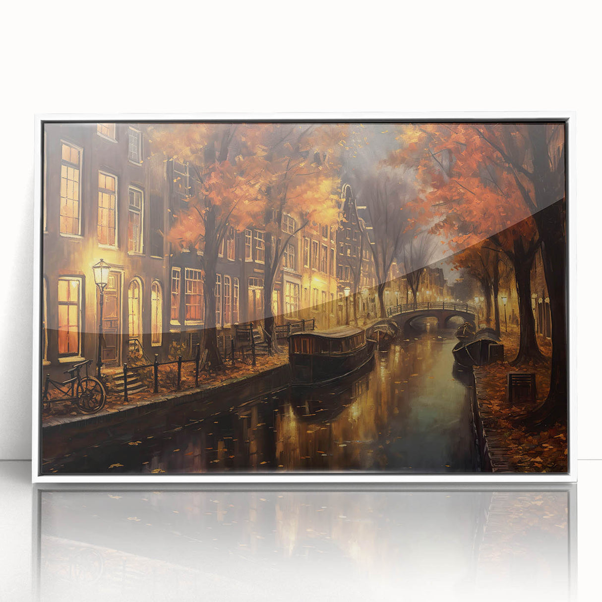 Framed acrylic wall art featuring a vibrant landscape design with intricate street details, set against a sleek white frame, perfect for modern decor.