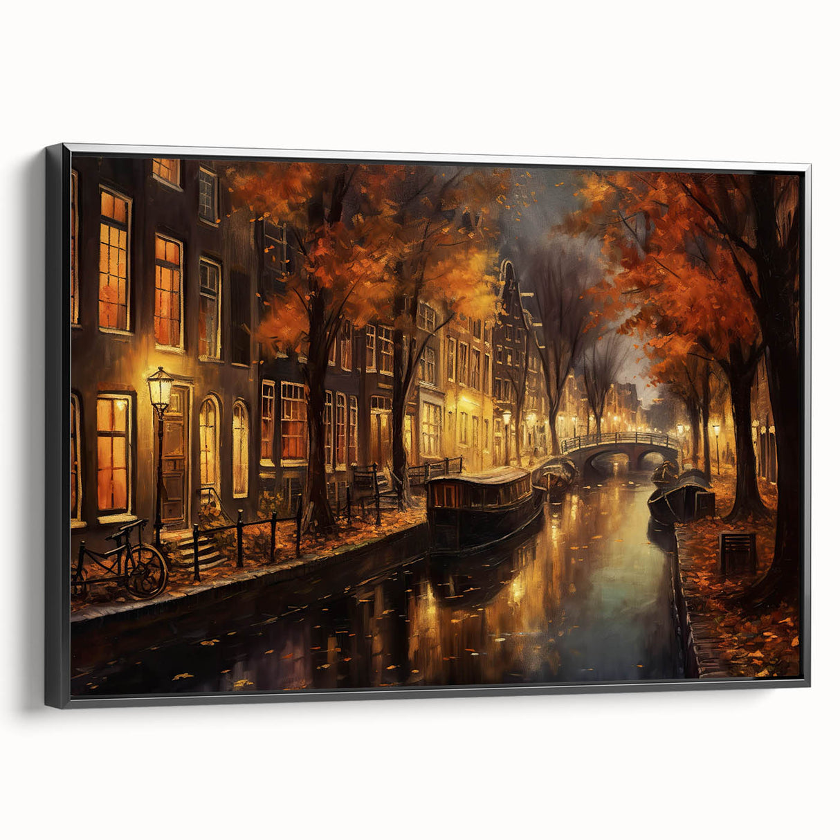 Framed canvas wall art collection showcasing a modern city street landscape, featuring vibrant colors and intricate details, with a sleek black frame enhancing its aesthetic appeal. Perfect for adding a contemporary touch to home or office decor.