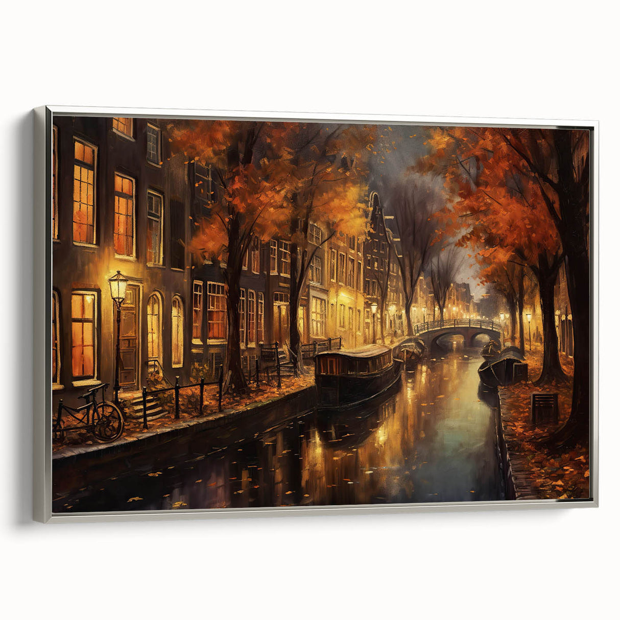 Framed canvas wall art featuring a modern street landscape design with vibrant colors and intricate details, displayed in a sleek silver frame, ideal for contemporary decor.