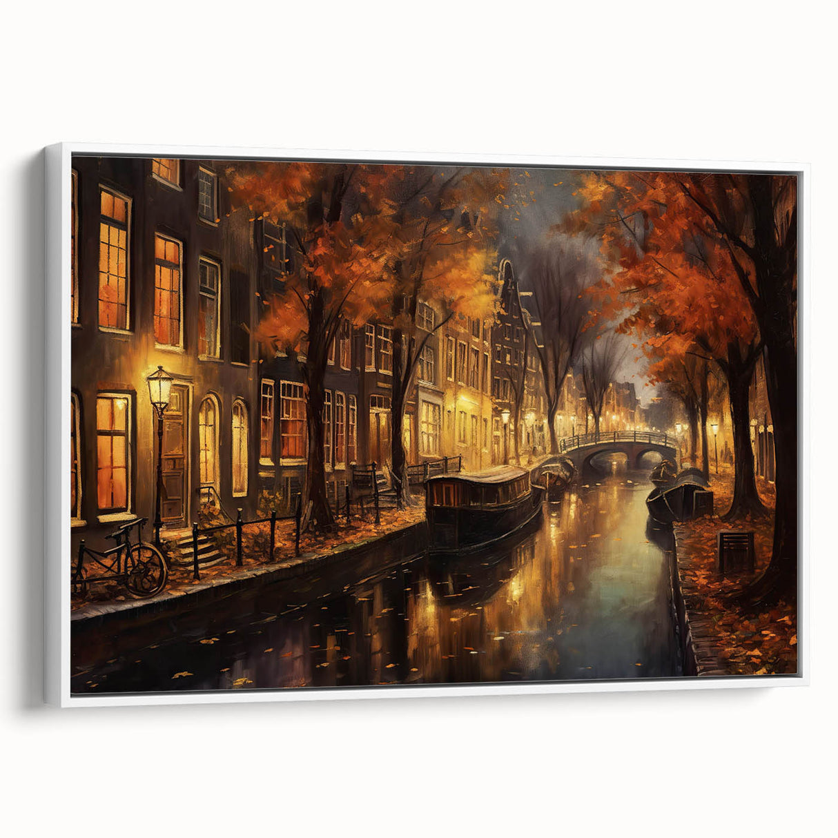 Framed canvas wall art showcasing a vibrant landscape design with streets, featuring a sleek white frame, ideal for modern home decor and enhancing interior aesthetics.