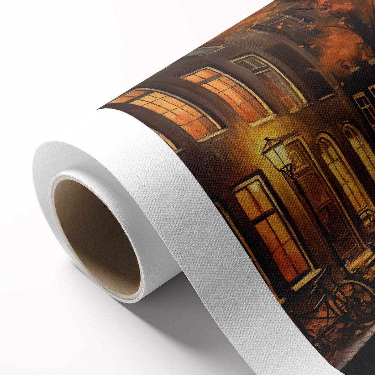 Rolled canvas showcasing a vibrant street landscape design with colorful buildings and intricate details, ideal for modern home decor and art enthusiasts.