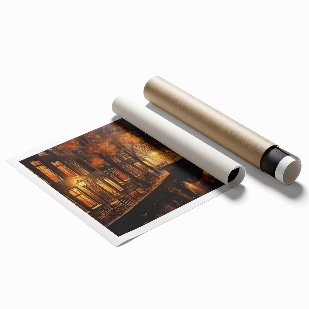 Rolled print showcasing a vibrant cityscape featuring colorful buildings and abstract street art, designed for modern home decor and artistic spaces.