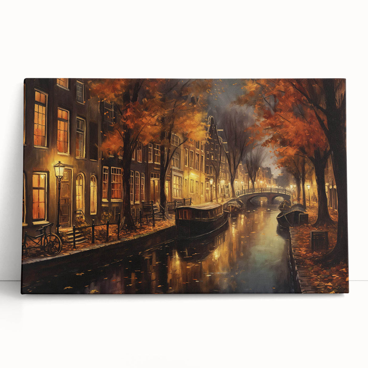 Stretched canvas wall art showcasing a vibrant street landscape design, featuring bold colors and intricate details, ideal for modern home decor.