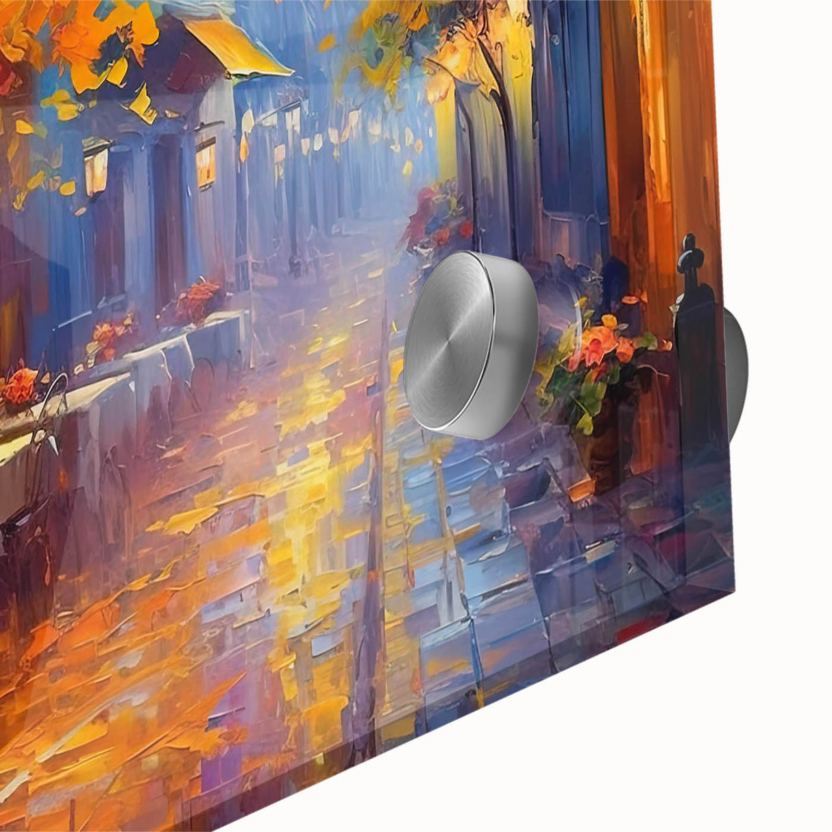 Close-up of a vibrant acrylic glass wall art piece showcasing an abstract street landscape design, featuring bold colors and intricate details, perfect for modern home decor.