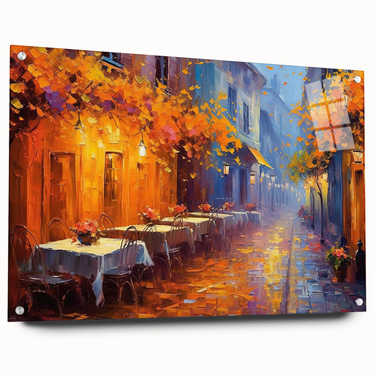 Acrylic glass wall art showcasing a vibrant street landscape design with colorful details and depth, presented in a side view with decorative pins for easy display. Perfect for modern home decor enthusiasts seeking unique artistic expressions.