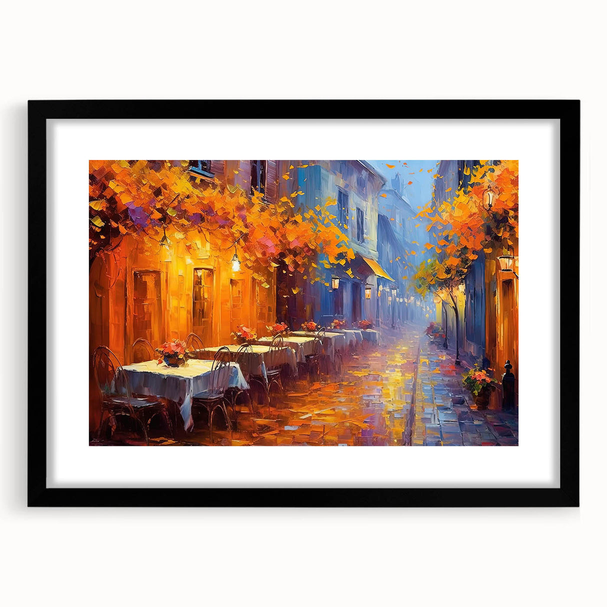 Black-framed wall art featuring a vibrant landscape design with streets and buildings, elegantly matted to enhance decor, perfect for modern interiors.